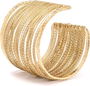 Adjustable Open and Wide Modern Cuff Design or Bangle, Bracelet Jewelry with Brushed 18K Yellow Gold Plating. Beautiful and Elegant for all Occasions. Quality crafted. Durable. High End Aesthetic Finish