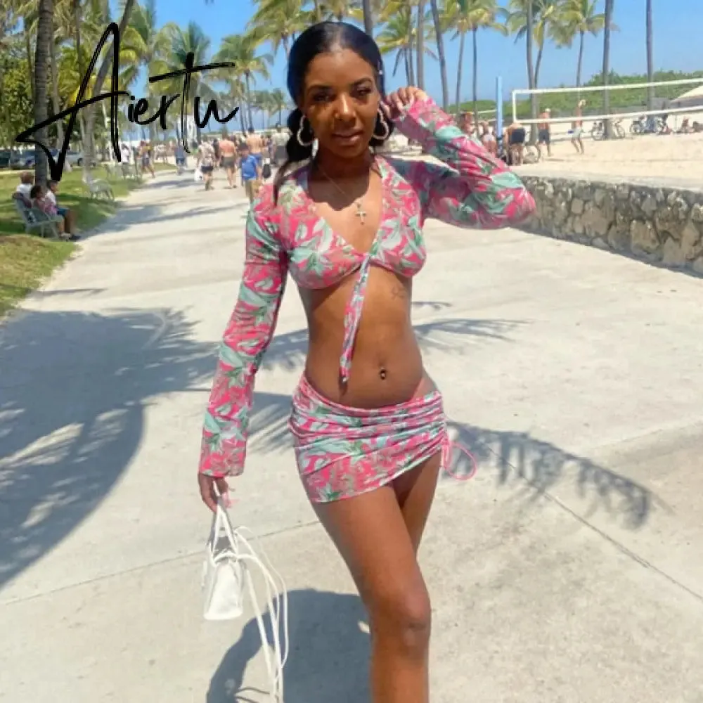 Aiertu Floral Printed Mesh Sexy Top and Skirts Sets Summer Vacation Outfits Rave Party Club Wear Two Piece Set
