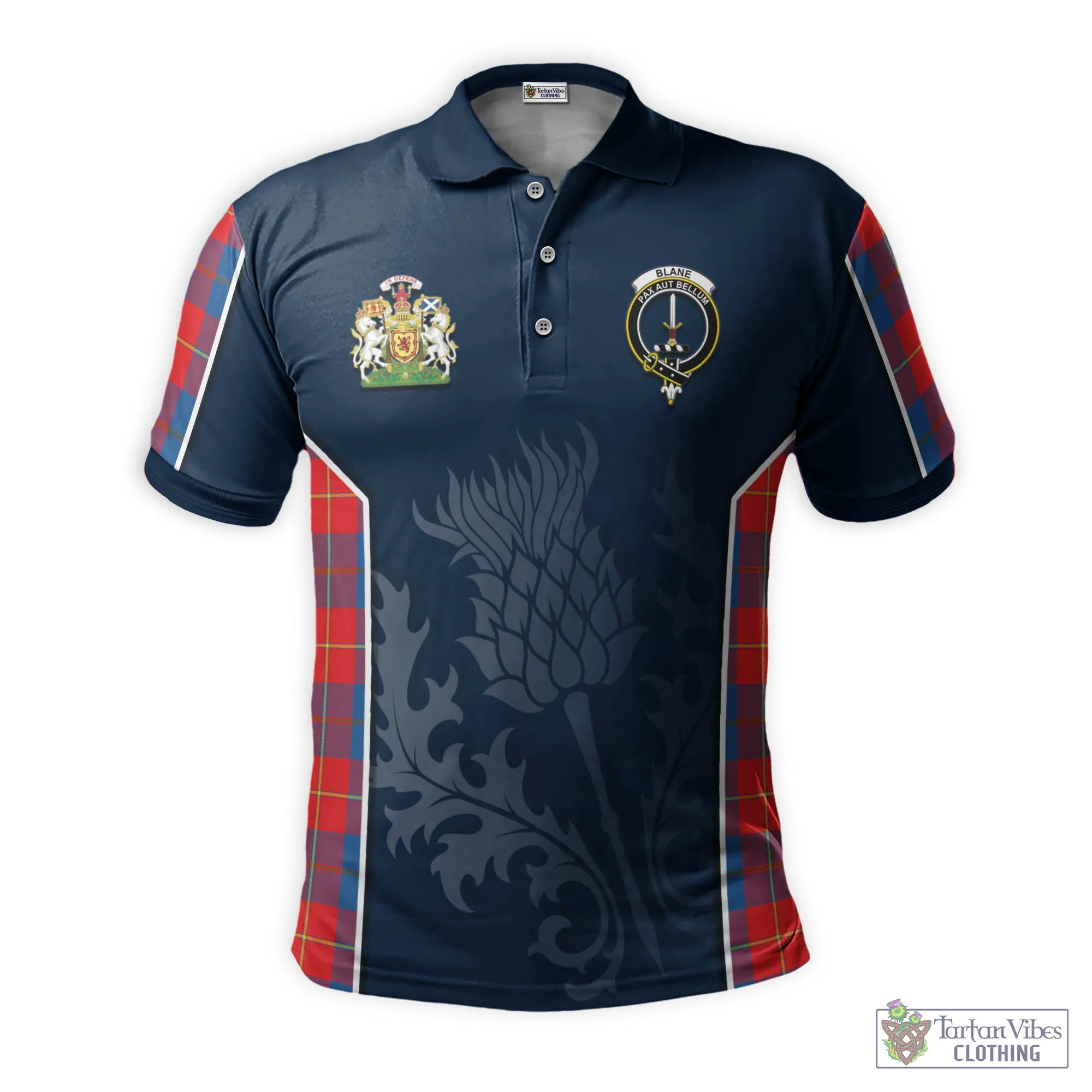 Blane Tartan Men's Polo Shirt with Family Crest and Scottish Thistle Vibes Sport Style