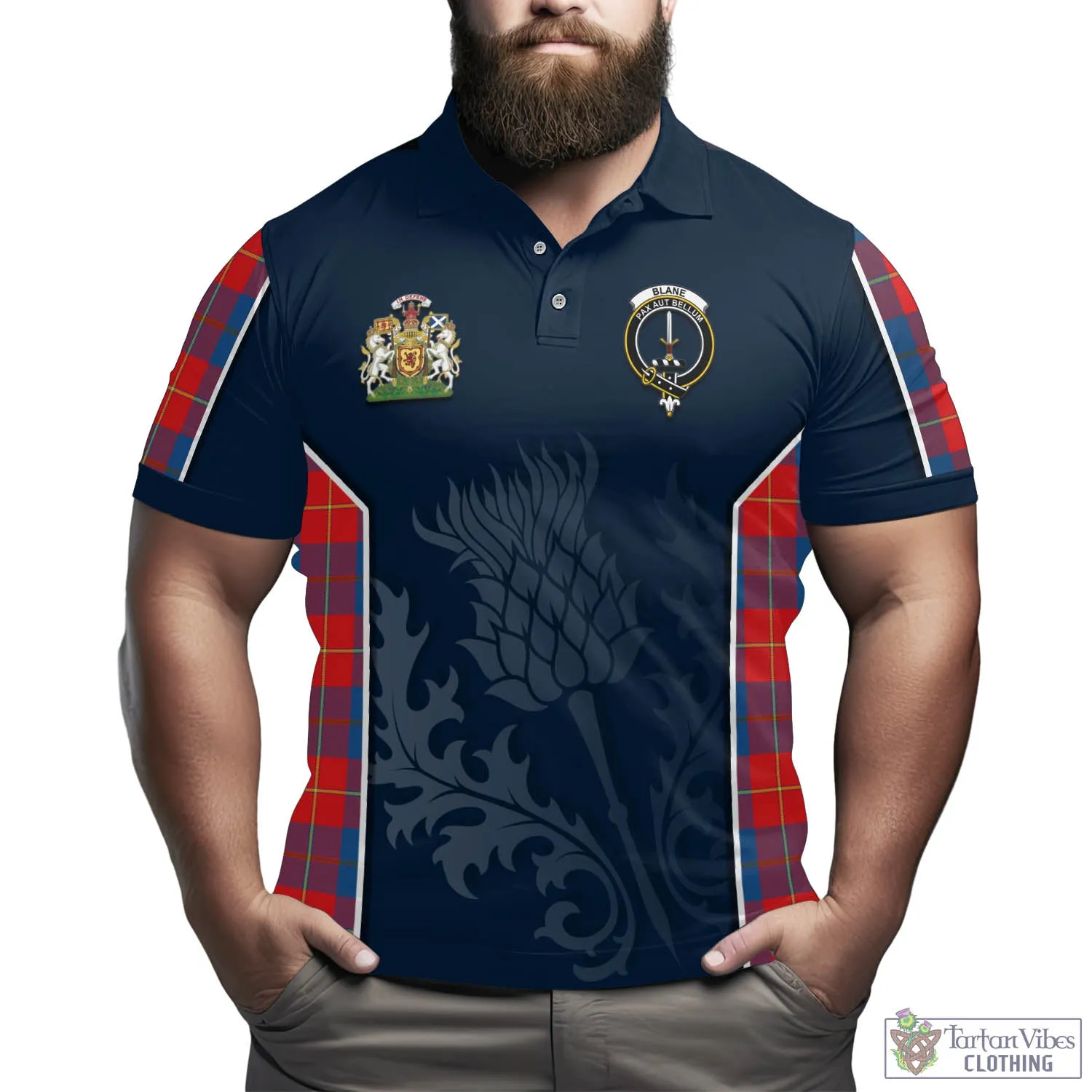 Blane Tartan Men's Polo Shirt with Family Crest and Scottish Thistle Vibes Sport Style