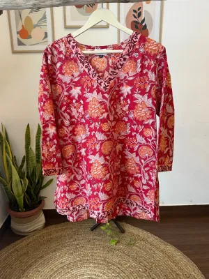 Block-printed high-low short kurti- plum red