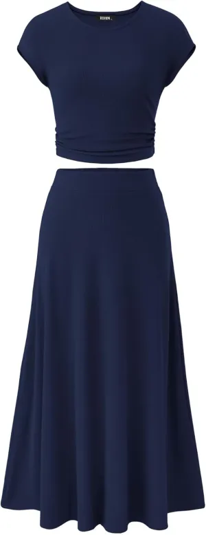 BTFBM Women Two Piece Skirt Set Summer 2025 Casual Vacation Crew Neck Short Sleeve Cropped Top Elastic Waist Midi Skirts
