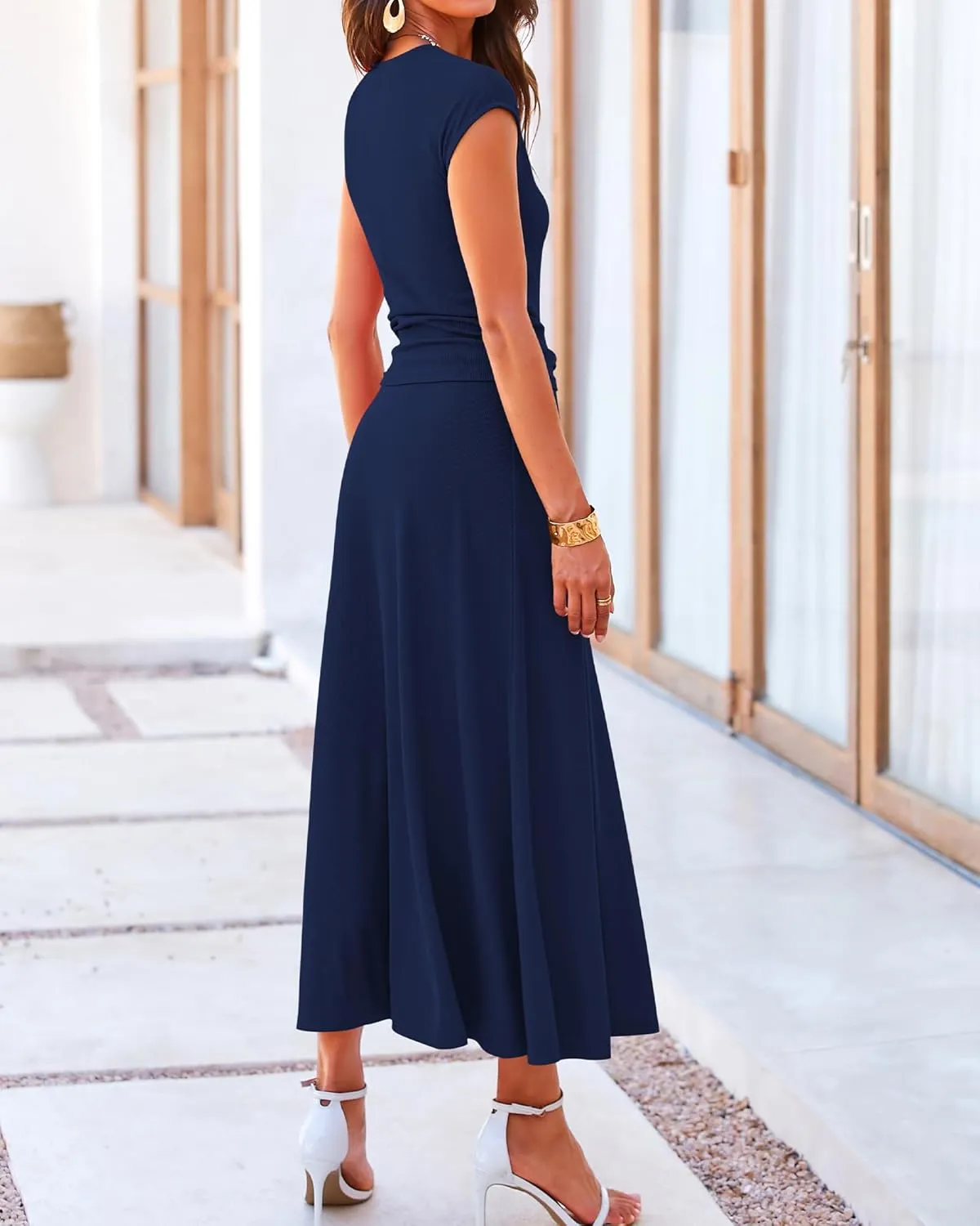 BTFBM Women Two Piece Skirt Set Summer 2025 Casual Vacation Crew Neck Short Sleeve Cropped Top Elastic Waist Midi Skirts