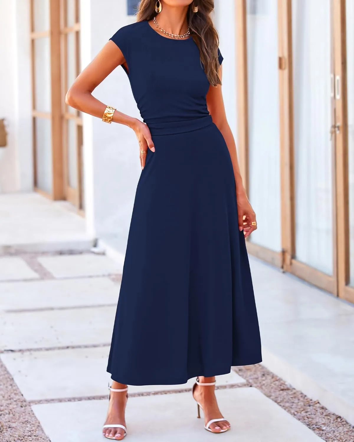BTFBM Women Two Piece Skirt Set Summer 2025 Casual Vacation Crew Neck Short Sleeve Cropped Top Elastic Waist Midi Skirts