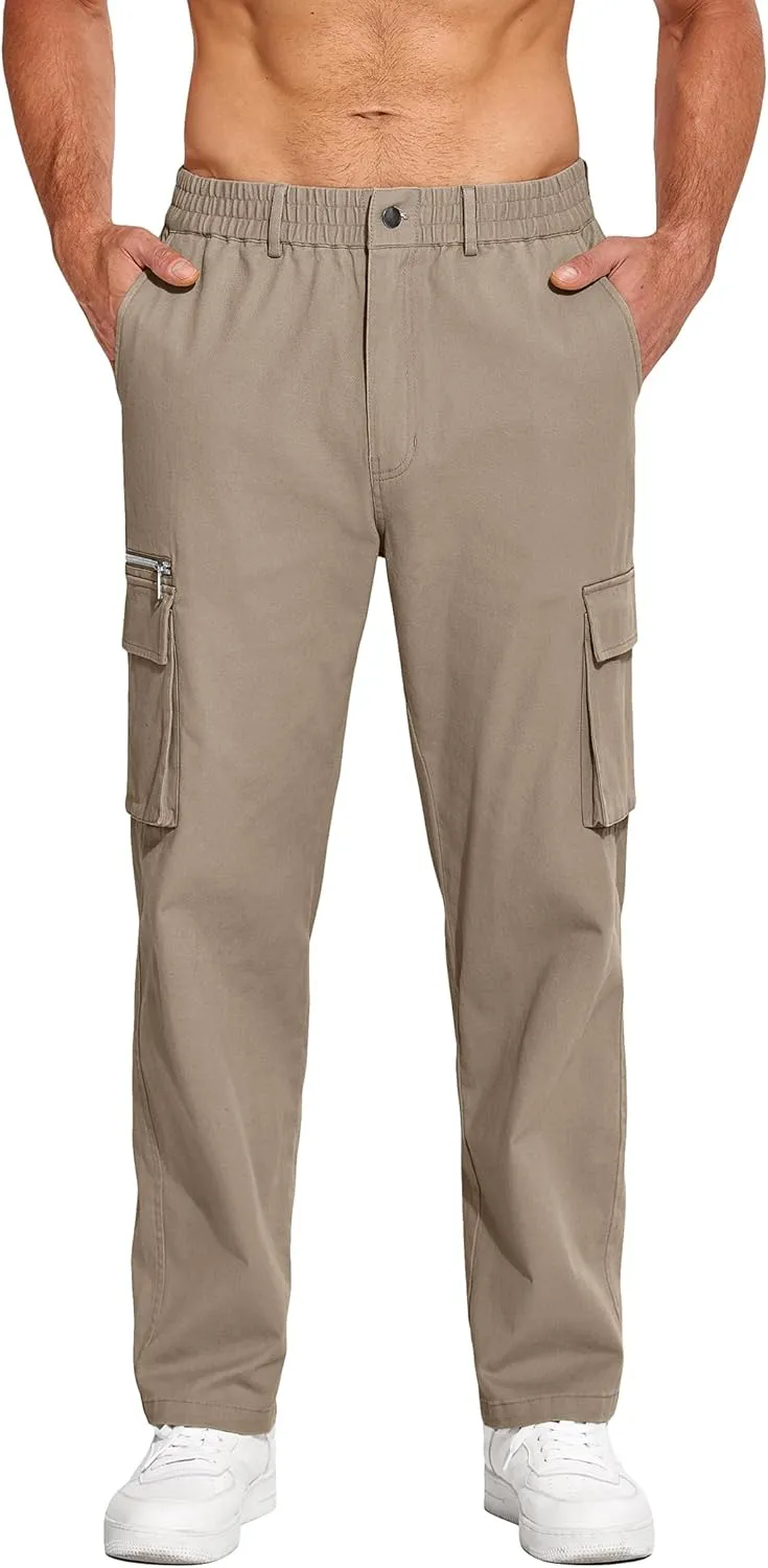 COOFANDY Men's Cotton Cargo Pants Relaxed Fit Elastic Waist Casual Pants Stretch Work Cargo Pant with Pockets