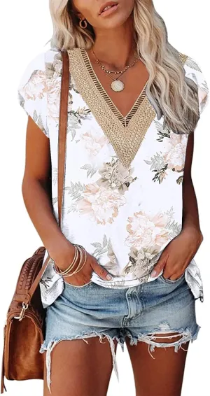 ETCYY Womens Summer Tops 2025 Trendy Casual Spring Striped Print Cute Petal V Neck Cap Short Sleeve Shirts