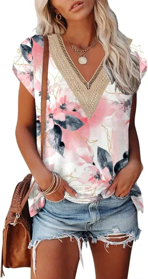 ETCYY Womens Summer Tops 2025 Trendy Casual Spring Striped Print Cute Petal V Neck Cap Short Sleeve Shirts