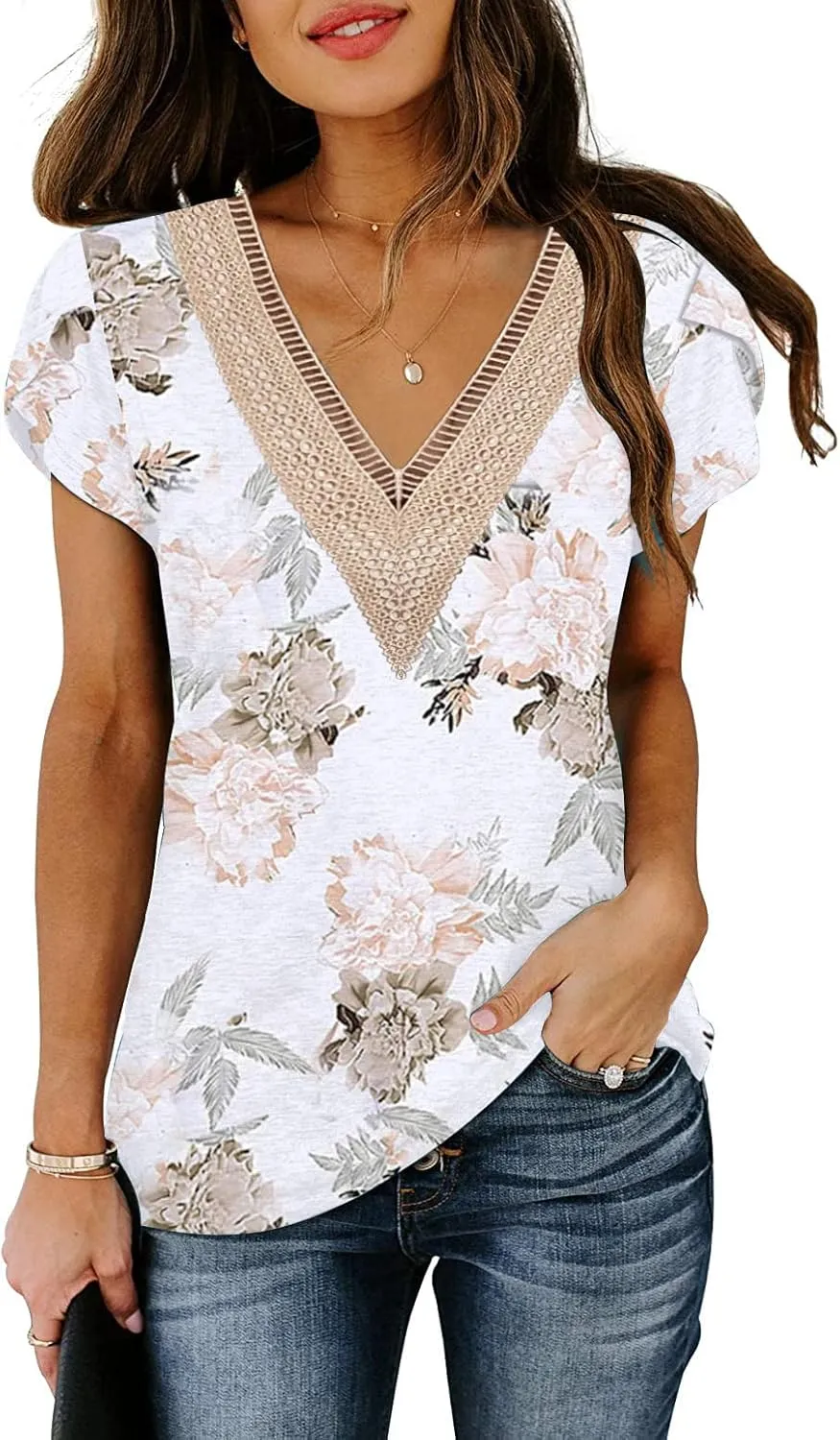 ETCYY Womens Summer Tops 2025 Trendy Casual Spring Striped Print Cute Petal V Neck Cap Short Sleeve Shirts