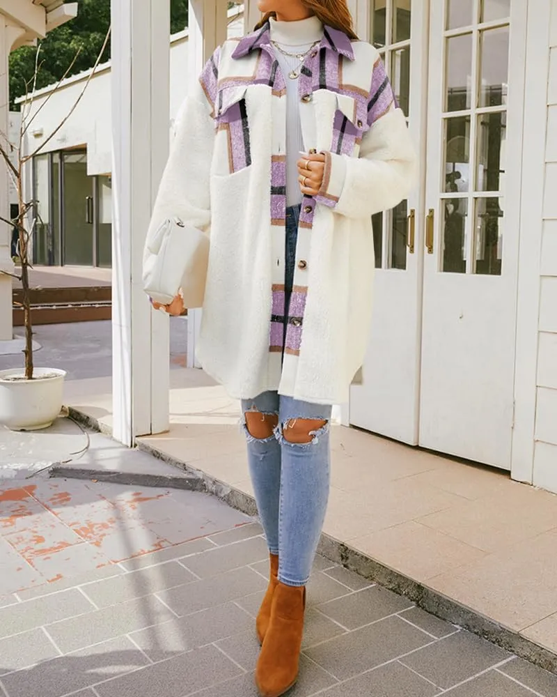 FSHAOES Womens 2024 Winter Coats Fuzzy Fleece Long Jackets Plaid Shacket Button Down Shirts Lightweight Outwear Cardigan