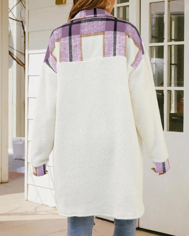 FSHAOES Womens 2024 Winter Coats Fuzzy Fleece Long Jackets Plaid Shacket Button Down Shirts Lightweight Outwear Cardigan
