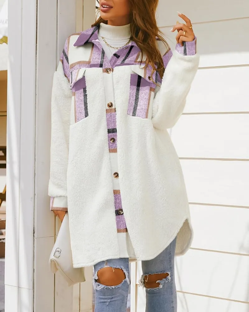 FSHAOES Womens 2024 Winter Coats Fuzzy Fleece Long Jackets Plaid Shacket Button Down Shirts Lightweight Outwear Cardigan