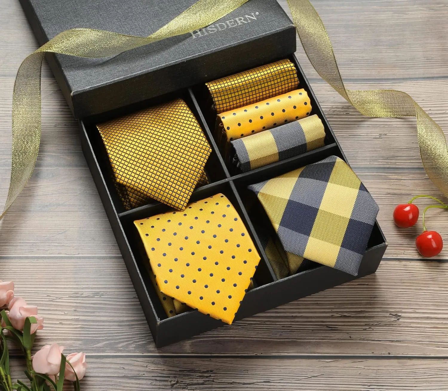 HISDERN Mens Ties and Pocket Square Set Business Elegant Ties for Men Classic Lot 3 Pcs Wedding Party Neckties & Handkerchief