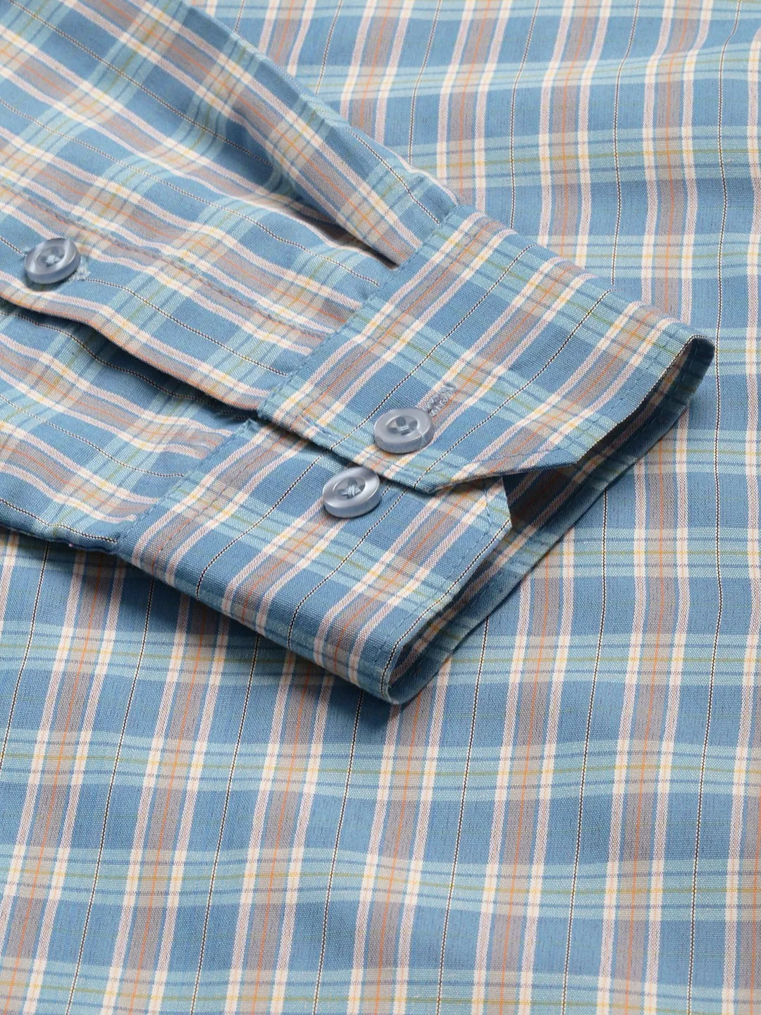 Mens Cotton Teal Blue & Off White Checked Formal Shirt - Sojanya