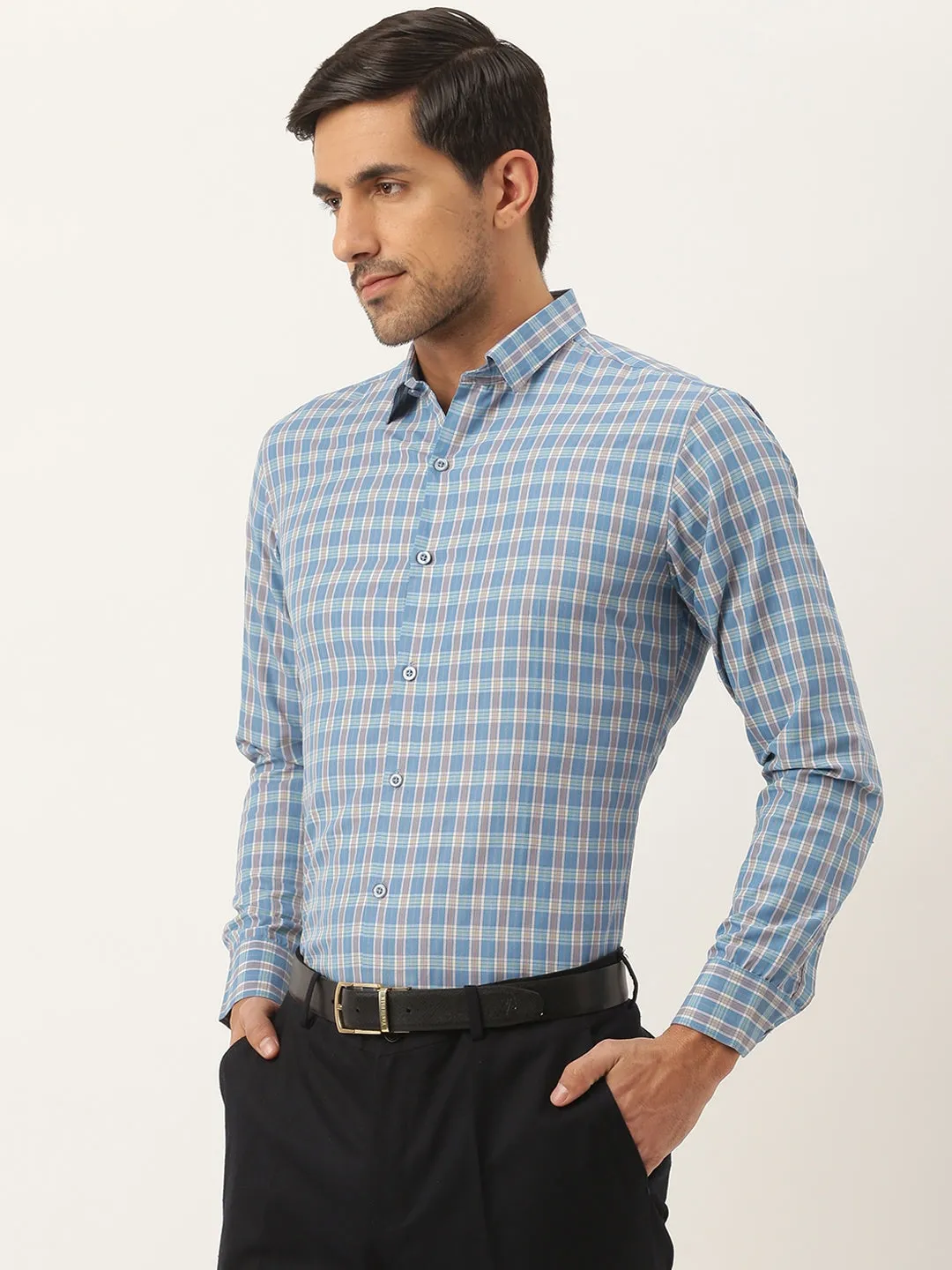 Mens Cotton Teal Blue & Off White Checked Formal Shirt - Sojanya