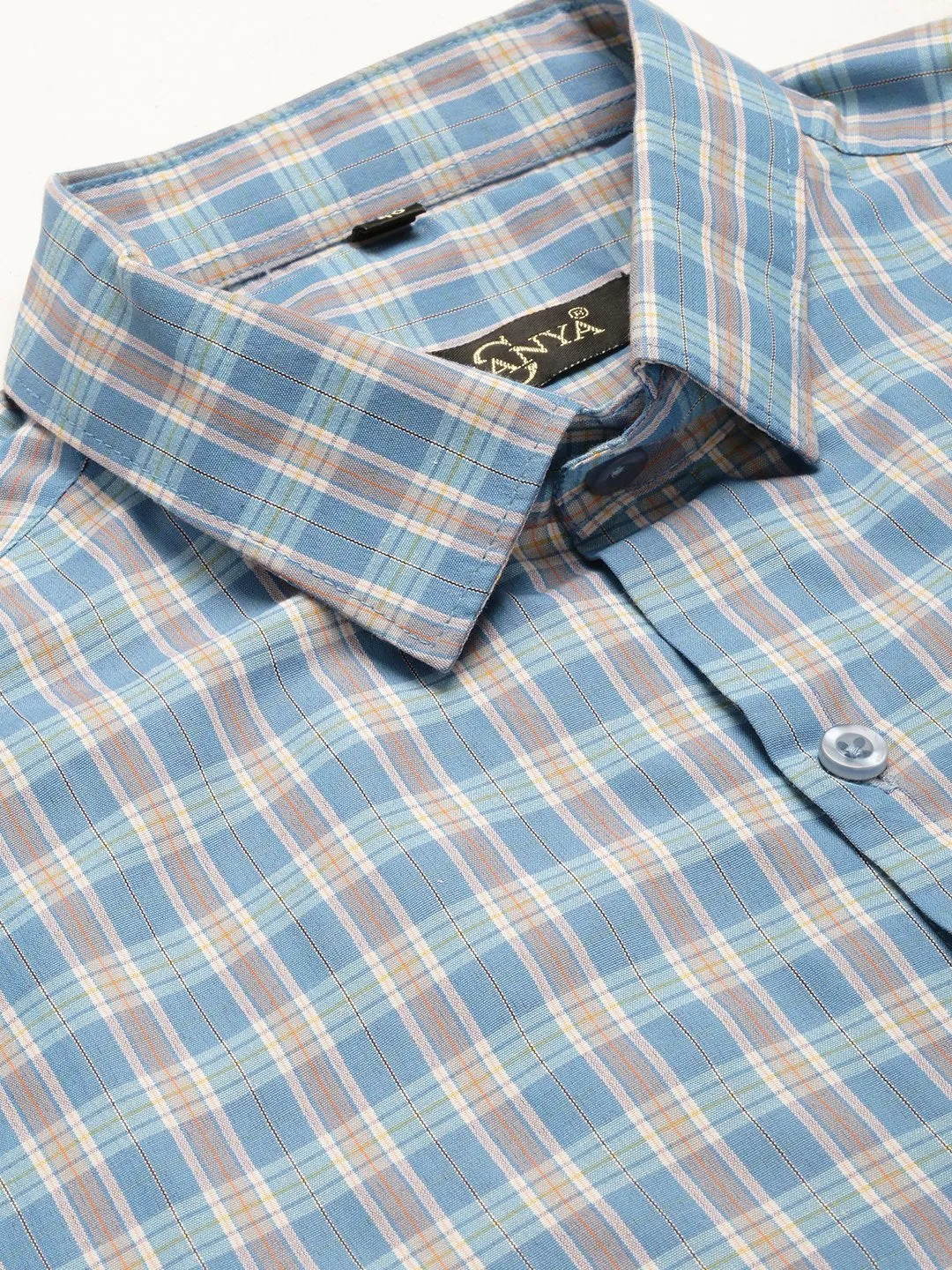 Mens Cotton Teal Blue & Off White Checked Formal Shirt - Sojanya