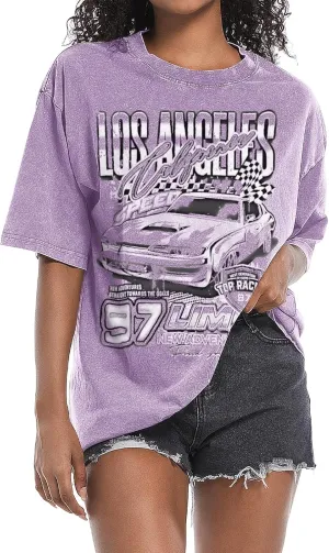 Oversized Graphic Tees for Women Baggy Streetwear Preppy Shirts for Teens Race Car Checkered Flag Drop Shoulder Top