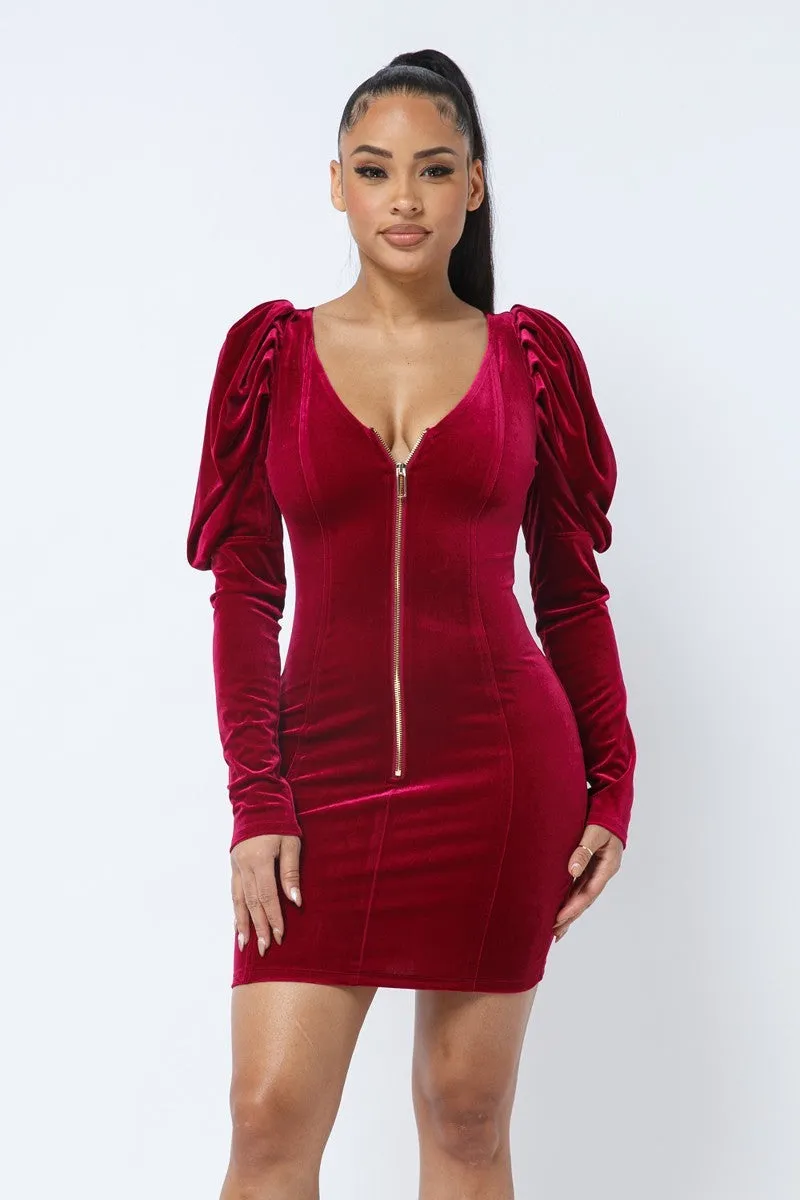 Soft Velvet Pleated Puff Sleeve Low V Neck Dress