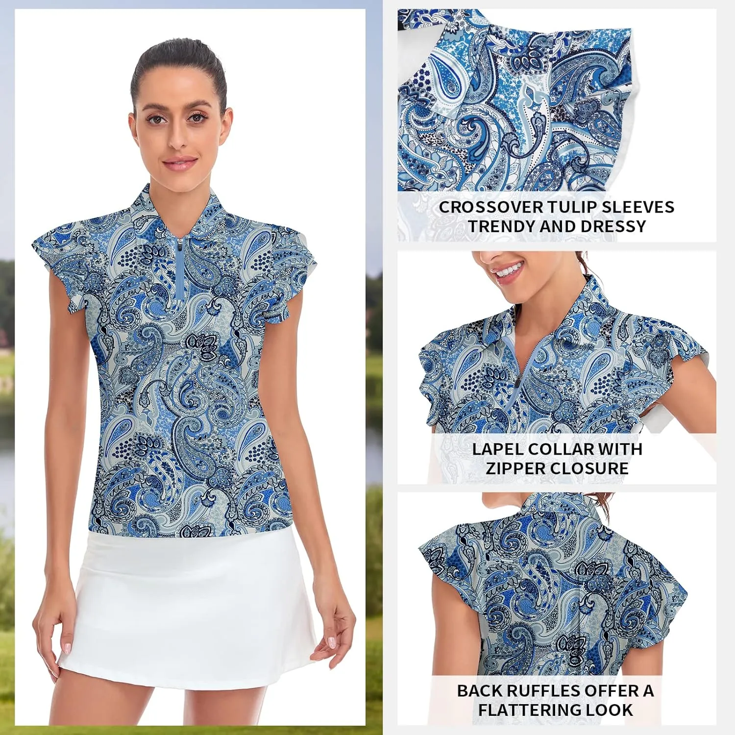 Soneven Womens Petal Sleeve Golf Shirts Moisture Wicking Lady Golf Apparel Print Tennis Sport T Shirt