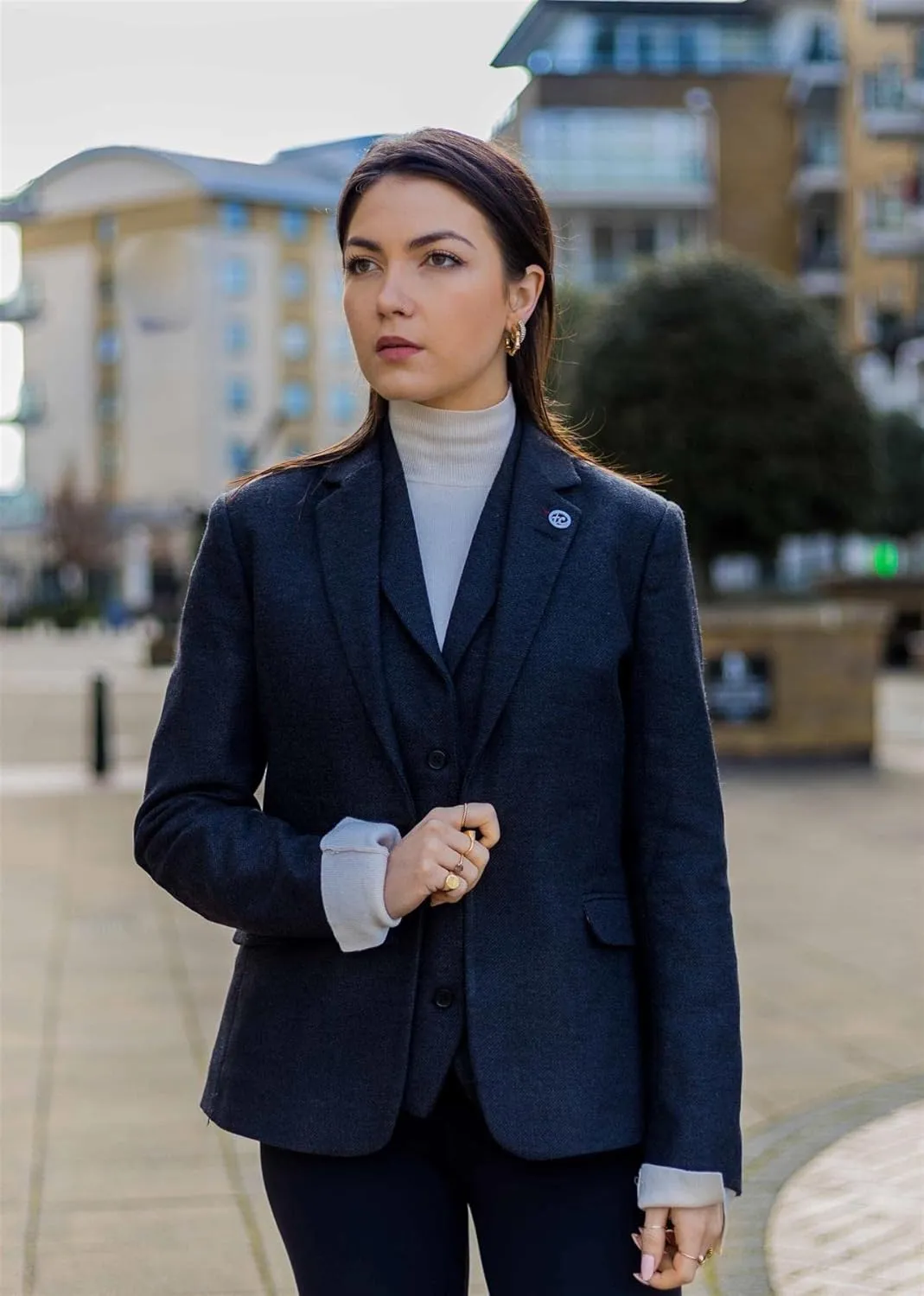 Women Blazer Tweed Herringbone Wool Classic Smart Casual Vintage Check 1920s