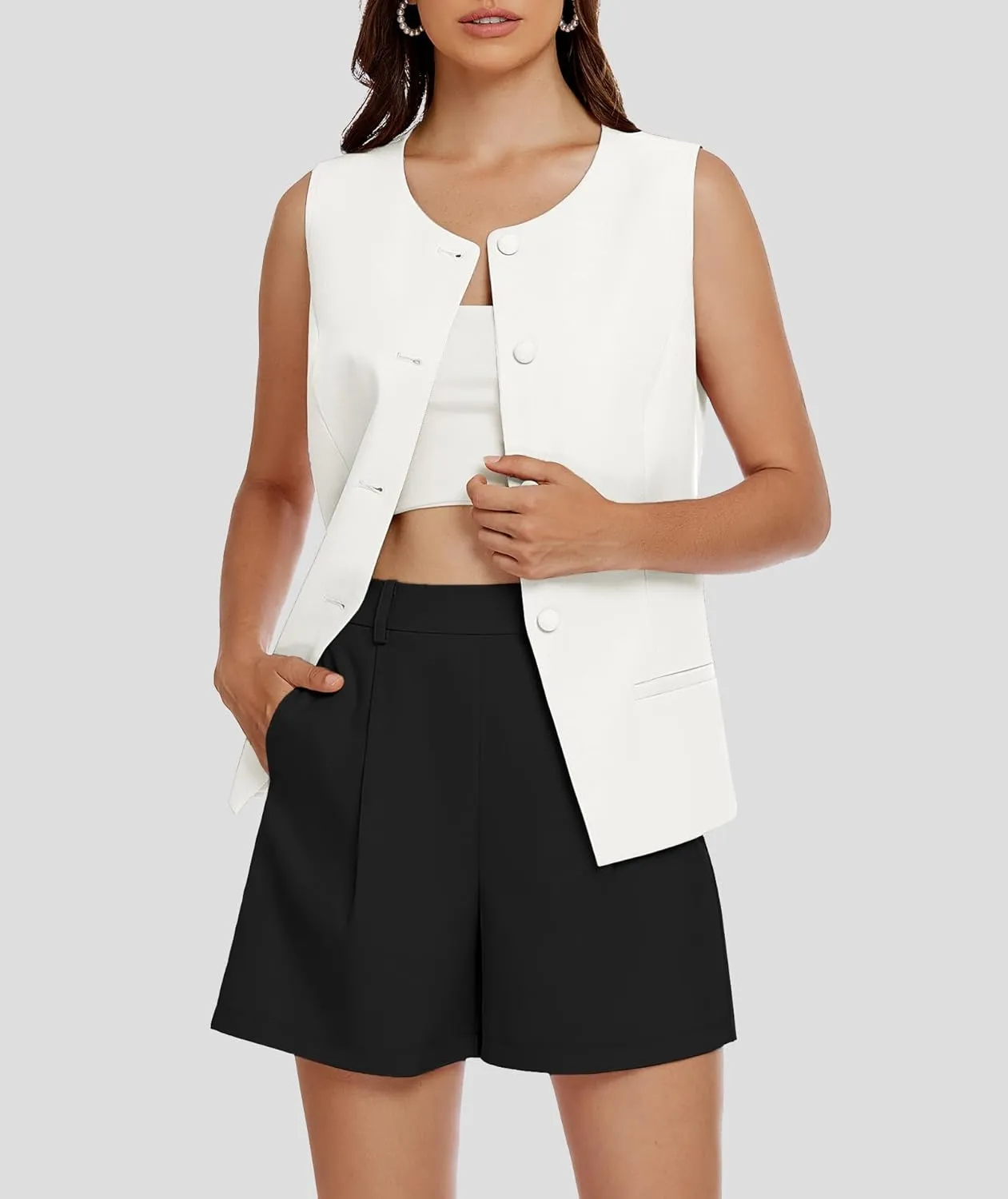 Women's 2 Piece Blazer Suit Set Summer Business Matching Sets Crew Neck Button Vest Shorts Dressy Work Outfits