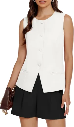 Women's 2 Piece Blazer Suit Set Summer Business Matching Sets Crew Neck Button Vest Shorts Dressy Work Outfits