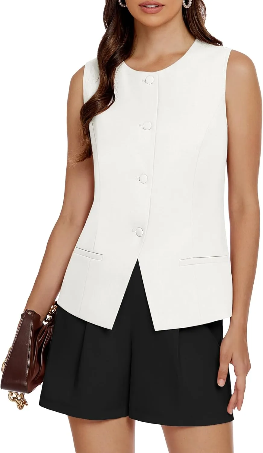 Women's 2 Piece Blazer Suit Set Summer Business Matching Sets Crew Neck Button Vest Shorts Dressy Work Outfits