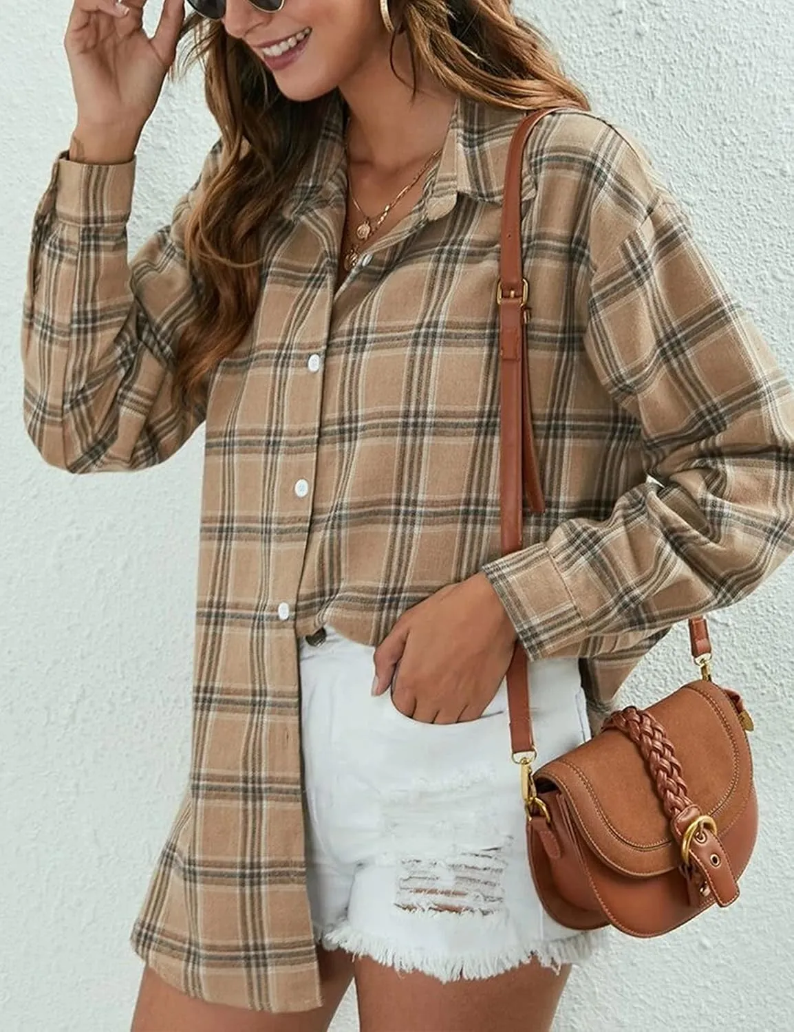 Womens Classic Plaid Shirt Long Sleeve Cotton Button Down Up Shirts Stylish Oversized Loose Fit Blouse V Neck Tops