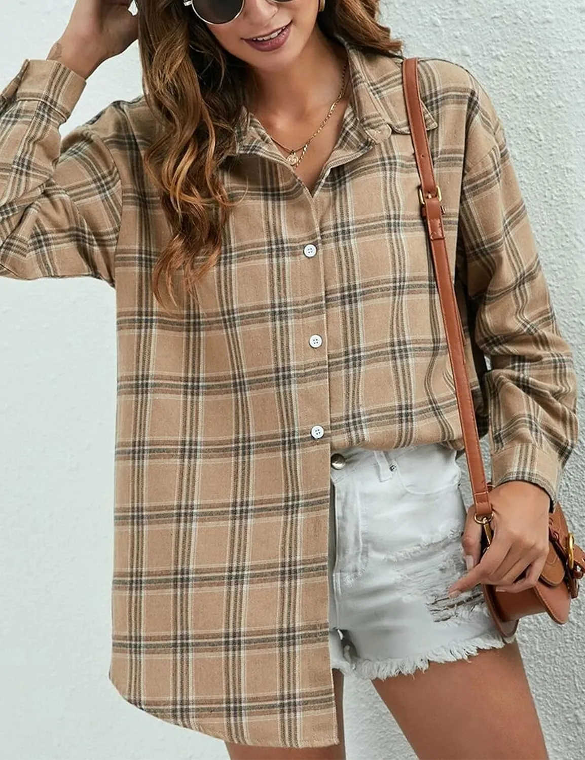 Womens Classic Plaid Shirt Long Sleeve Cotton Button Down Up Shirts Stylish Oversized Loose Fit Blouse V Neck Tops