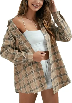 Womens Classic Plaid Shirt Long Sleeve Cotton Button Down Up Shirts Stylish Oversized Loose Fit Blouse V Neck Tops