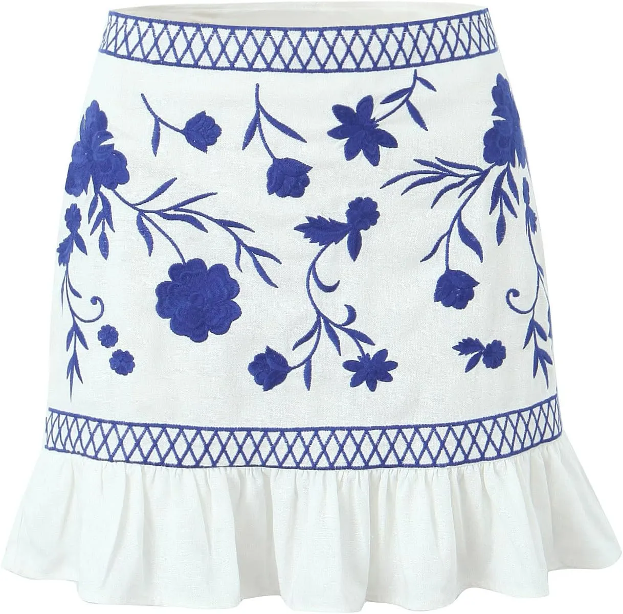 Women's Floral Embroidery Ruffle Hem Short Mini Skirts Mexican Bohemian Casual Beach Bodycon Skirt