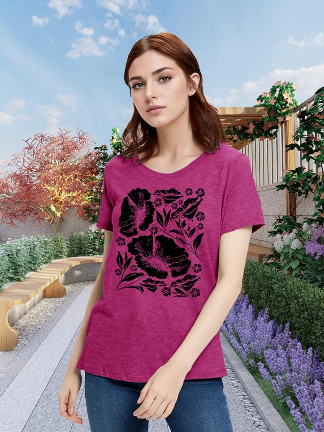 Womens Flower T Shirt Vintage Wildflowers Printed Graphic Tee Casual Botanical Short Sleeve